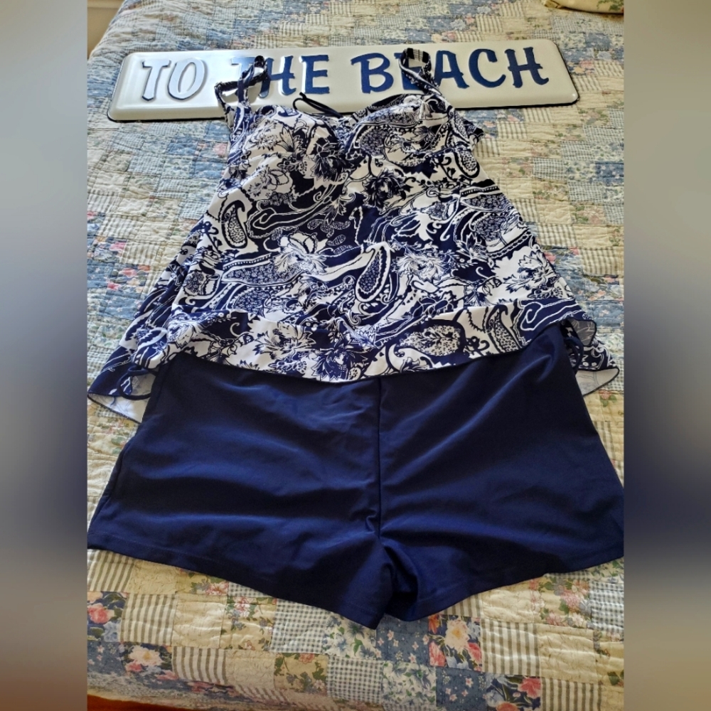 Navy and White Paisley Women's Swim Set